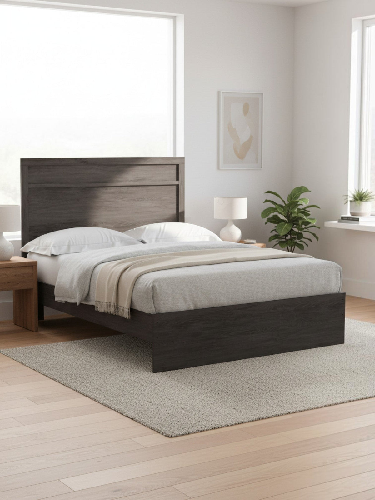 Lit double TOCO Meubles Estelle en bois anthracite avec tête de lit à moulure moderne dans une chambre épurée