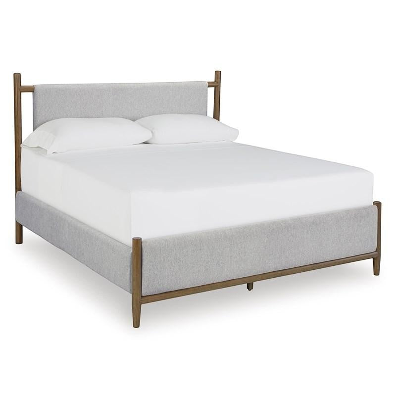 Lit Flora gris clair rembourré avec structure en bois, design contemporain et Mid-Century par TOCO Meubles.