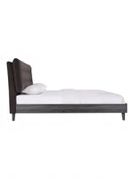 Lit plateforme TOCO Meubles Gianni gris foncé avec tête de lit capitonnée en velours et pieds inclinés, vue latérale