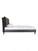 Lit plateforme TOCO Meubles Gianni gris foncé avec tête de lit capitonnée en velours et pieds inclinés, vue latérale