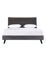 TOCO Meubles Grand lit Gianni queen, tête de lit capitonnée en velours gris foncé, structure imitation bois gris, pieds métalliques noirs inclinés.