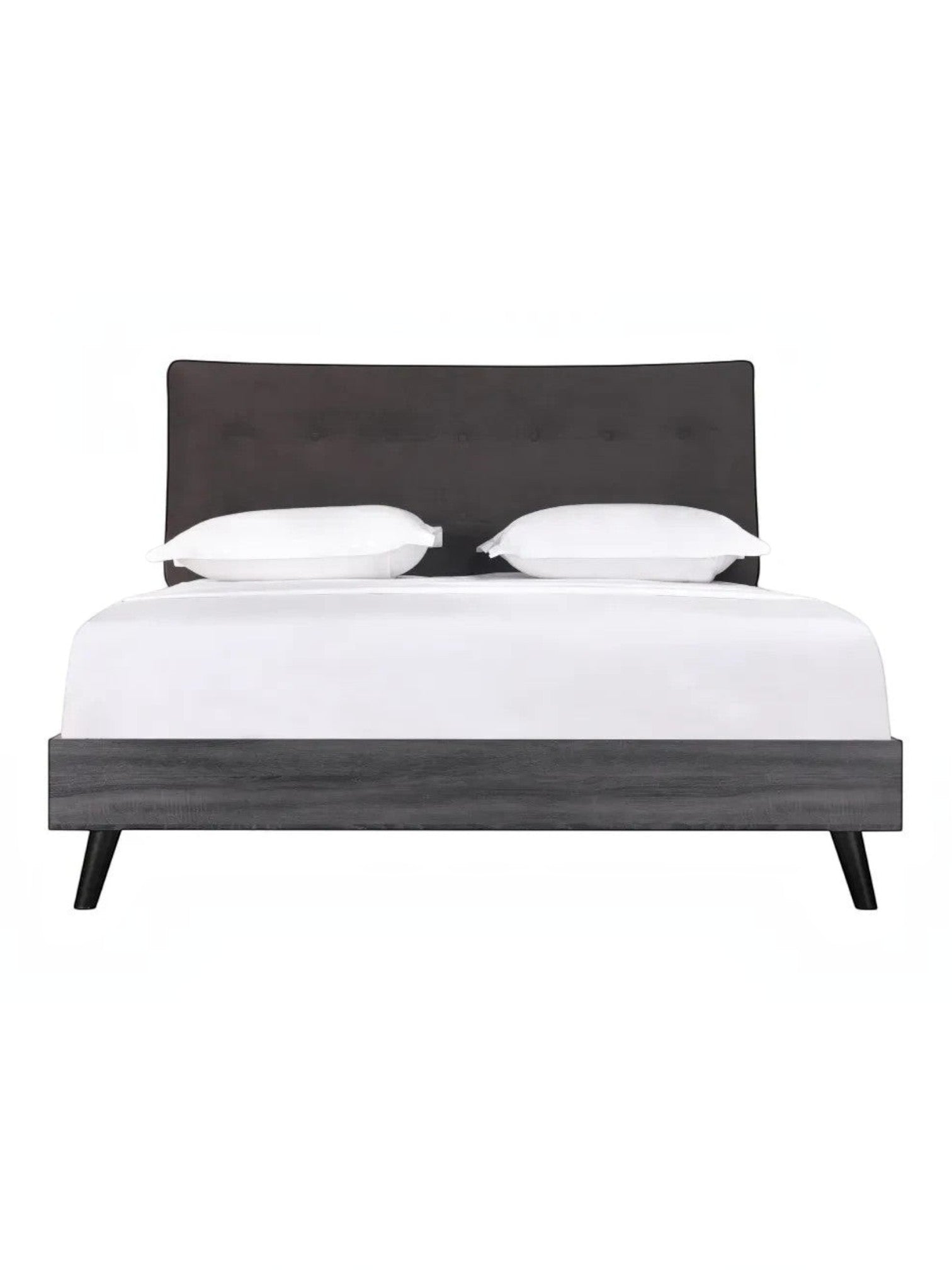 TOCO Meubles Grand lit Gianni queen, tête de lit capitonnée en velours gris foncé, structure imitation bois gris, pieds métalliques noirs inclinés.