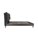 Lit queen Gianni TOCO Meubles en velours gris foncé capitonné avec finition bois gris et pieds métalliques inclinés. Design Mid-Century Modern.