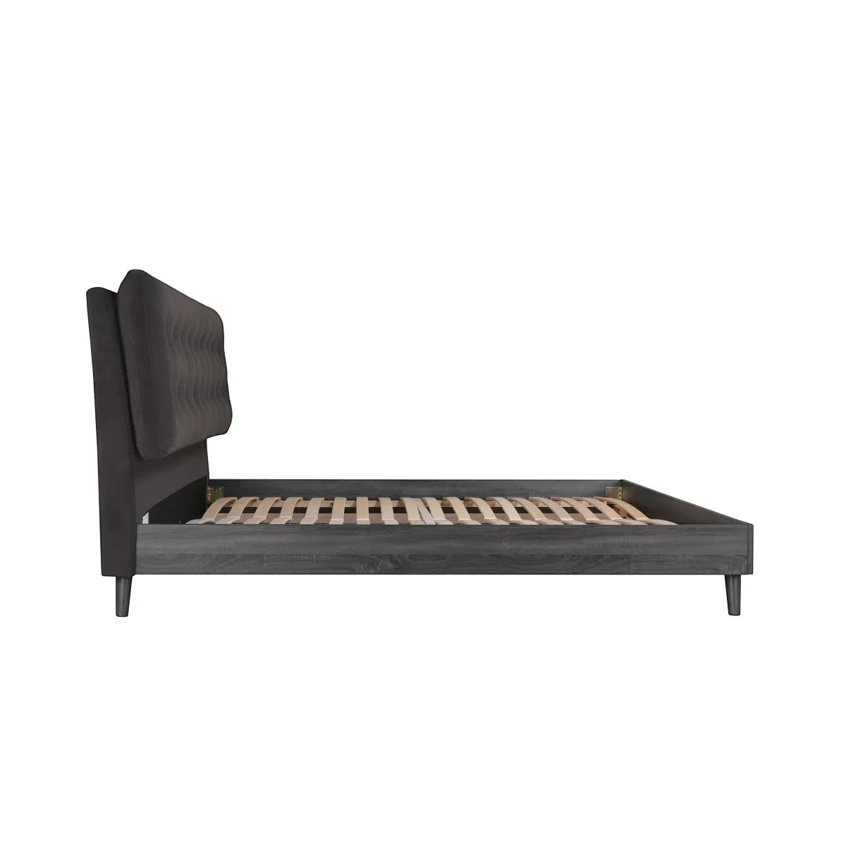 Lit queen Gianni TOCO Meubles en velours gris foncé capitonné avec finition bois gris et pieds métalliques inclinés. Design Mid-Century Modern.