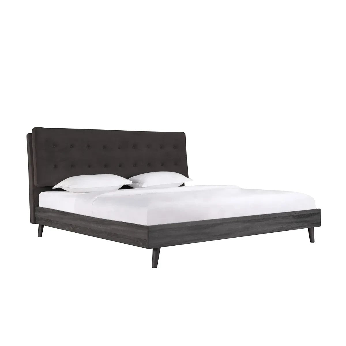 Lit queen Gianni TOCO Meubles en velours gris foncé capitonné avec pieds métalliques et fini bois gris, style Mid-Century Modern.