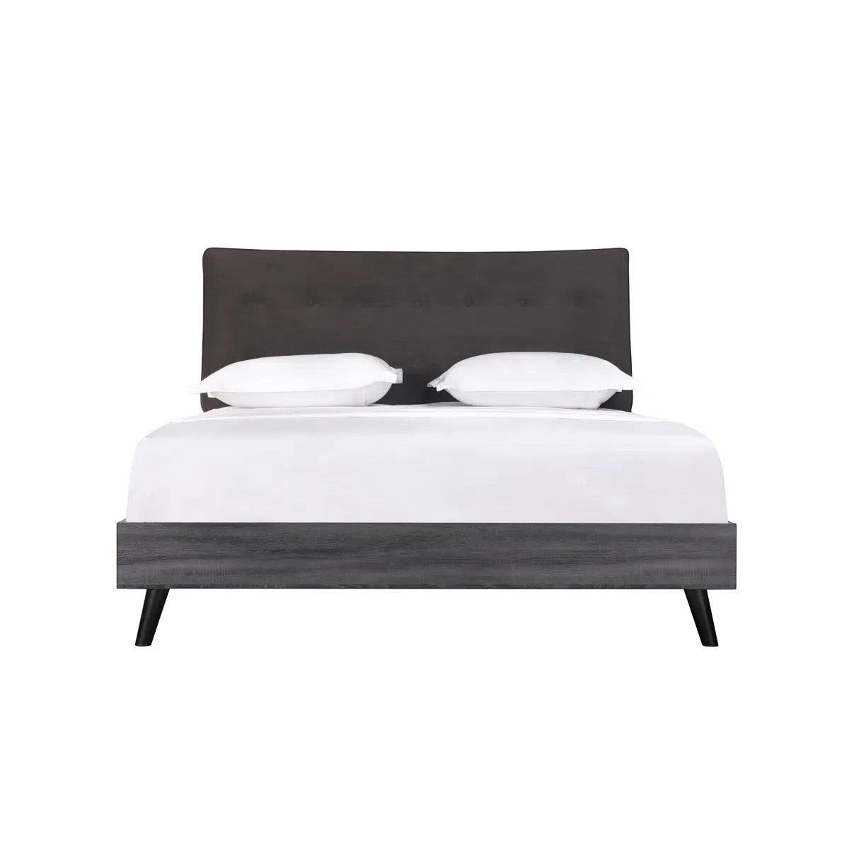 TOCO Meubles Grand lit Gianni queen, tête de lit capitonnée en velours gris foncé, structure imitation bois gris, pieds métalliques noirs