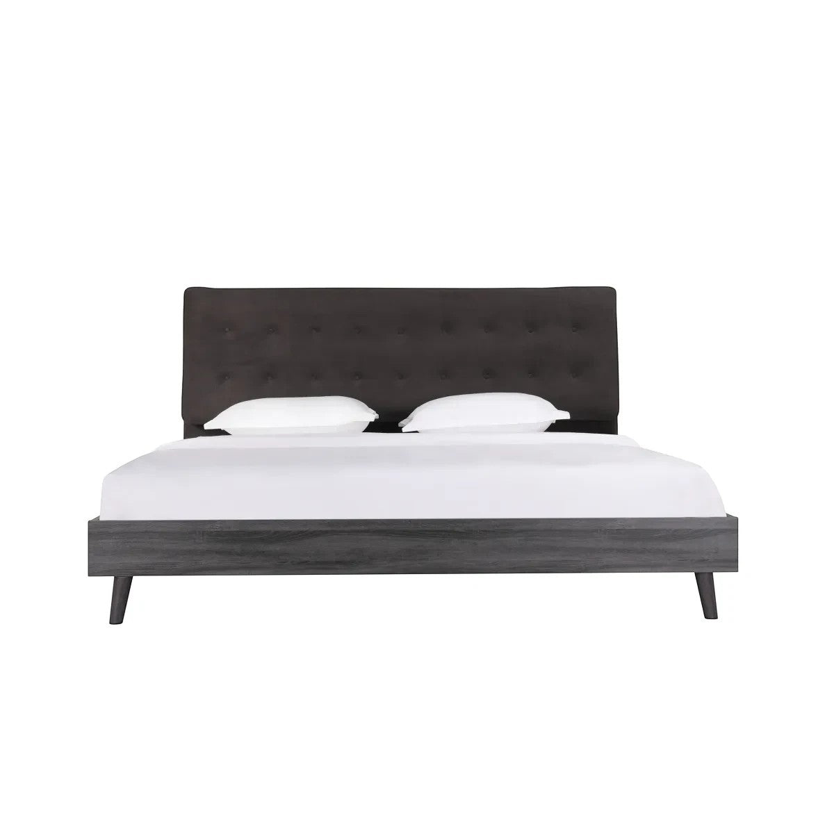 TOCO Meubles Lit Gianni queen, tête de lit capitonnée en velours gris foncé, structure imitation bois gris, pieds métalliques inclinés, style Mid-Century Modern.