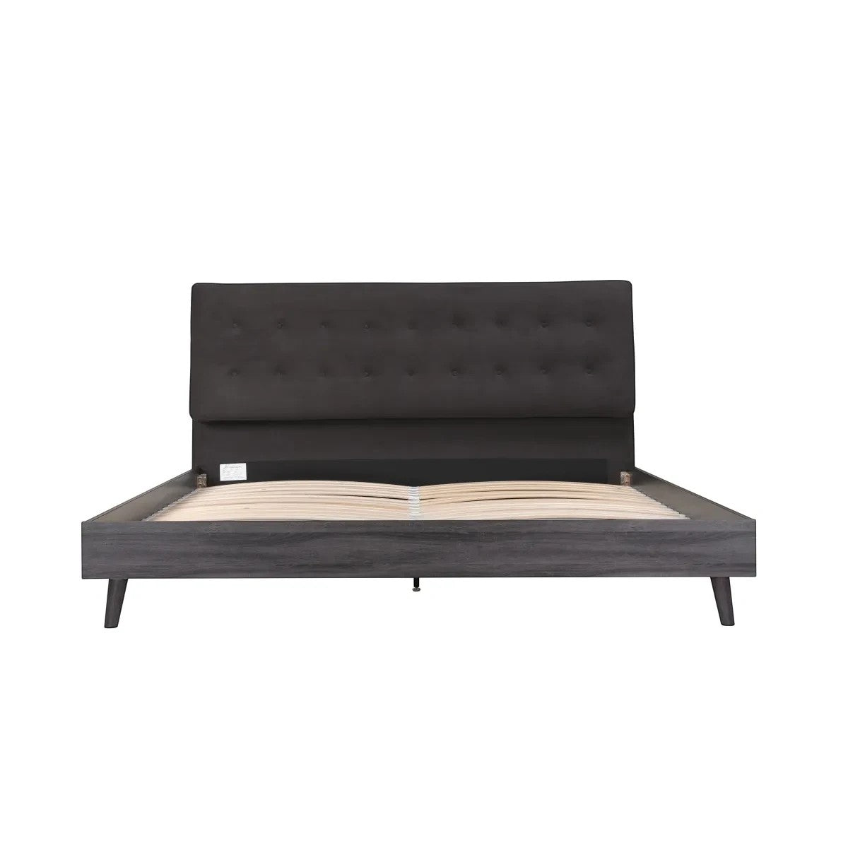Lit queen Gianni TOCO Meubles en velours gris foncé capitonné et structure imitation bois gris, style Mid-Century Modern.