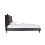 Lit queen Gianni TOCO Meubles en velours gris foncé capitonné avec base imitation bois gris et pieds métalliques inclinés. Style Mid-Century Modern.