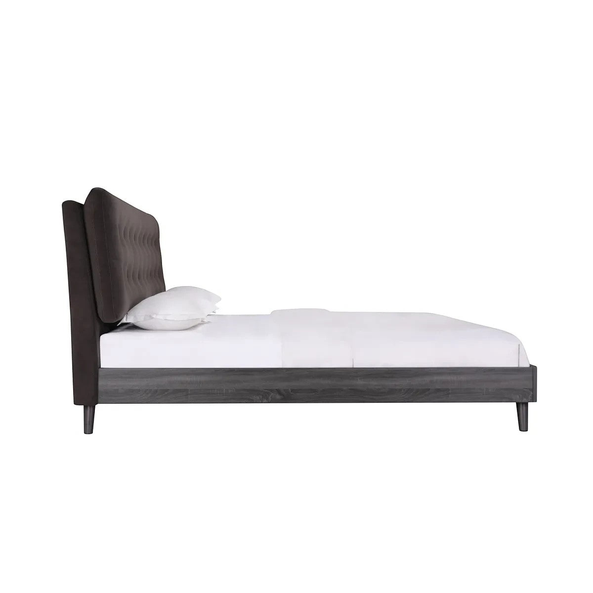 Lit queen Gianni TOCO Meubles en velours gris foncé capitonné avec base imitation bois gris et pieds métalliques inclinés. Style Mid-Century Modern.