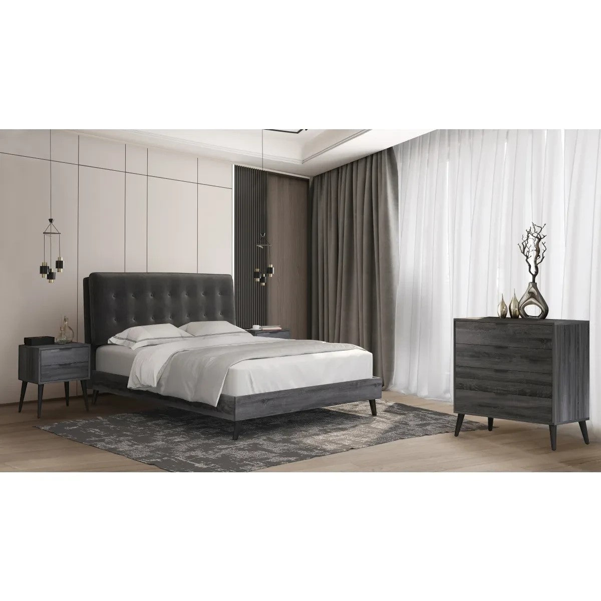 TOCO Meubles Grand lit Gianni gris foncé en velours avec tête de lit capitonnée et base imitation bois, style Mid-Century Modern.