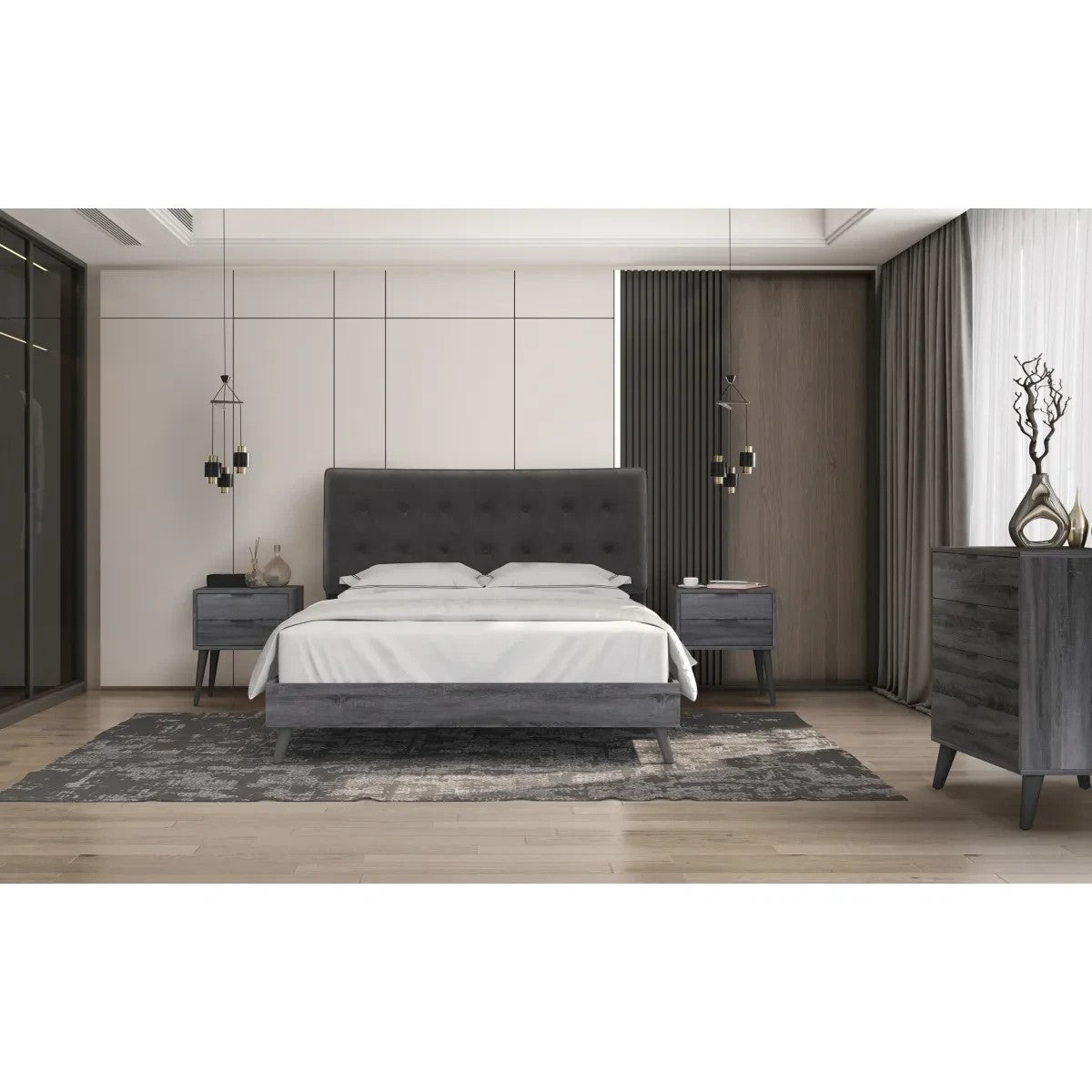TOCO Meubles Grand lit Gianni queen gris foncé velours capitonné et fini bois, style Mid-Century Modern.