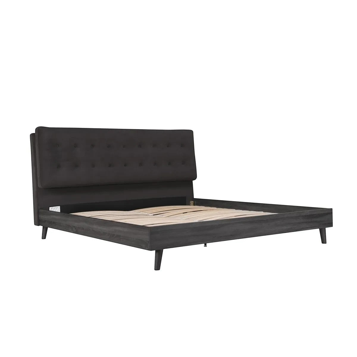 TOCO Meubles Lit Gianni queen gris foncé en velours et bois, tête de lit capitonnée, design Mid-Century Modern.