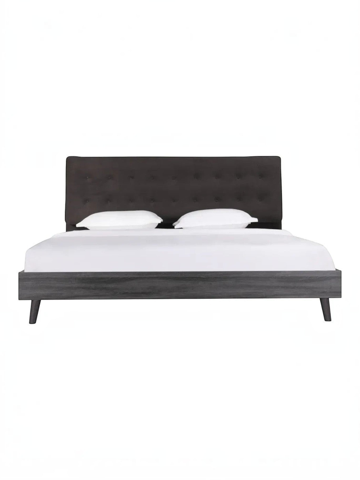 Très grand lit TOCO Meubles Gianni avec tête de lit en velours gris capitonné et cadre plateforme imitation bois gris