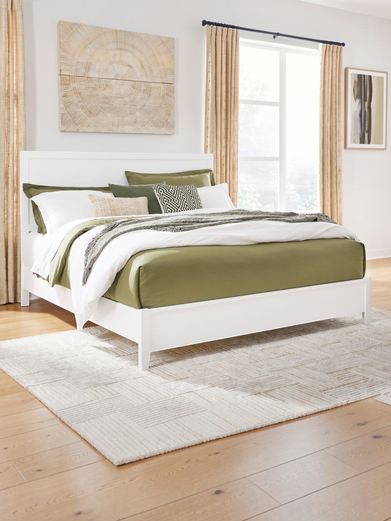 Lit Gisele TOCO Meubles blanc contemporain avec tête de lit style planches et literie aux tons verts dans une chambre