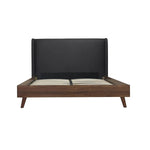 Lit plateforme Grand Lit Cesar TOCO Meubles avec tête de lit haute rembourrée en tissu gris foncé et cadre imitation noyer.
