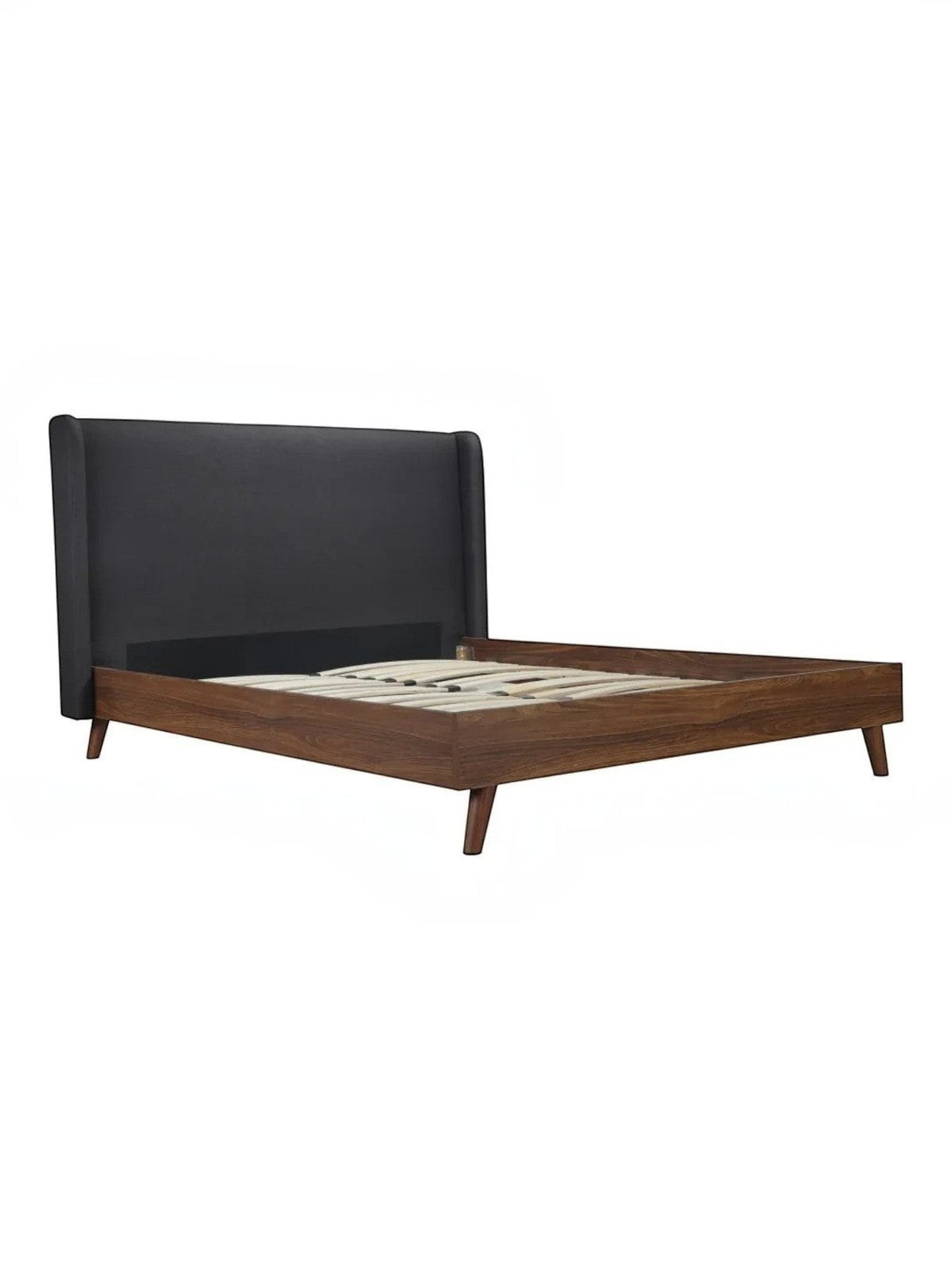 TOCO Meubles Grand Lit Cesar, lit plateforme gris foncé effet lin avec tête de lit rembourrée et cadre imitation noyer, pieds obliques