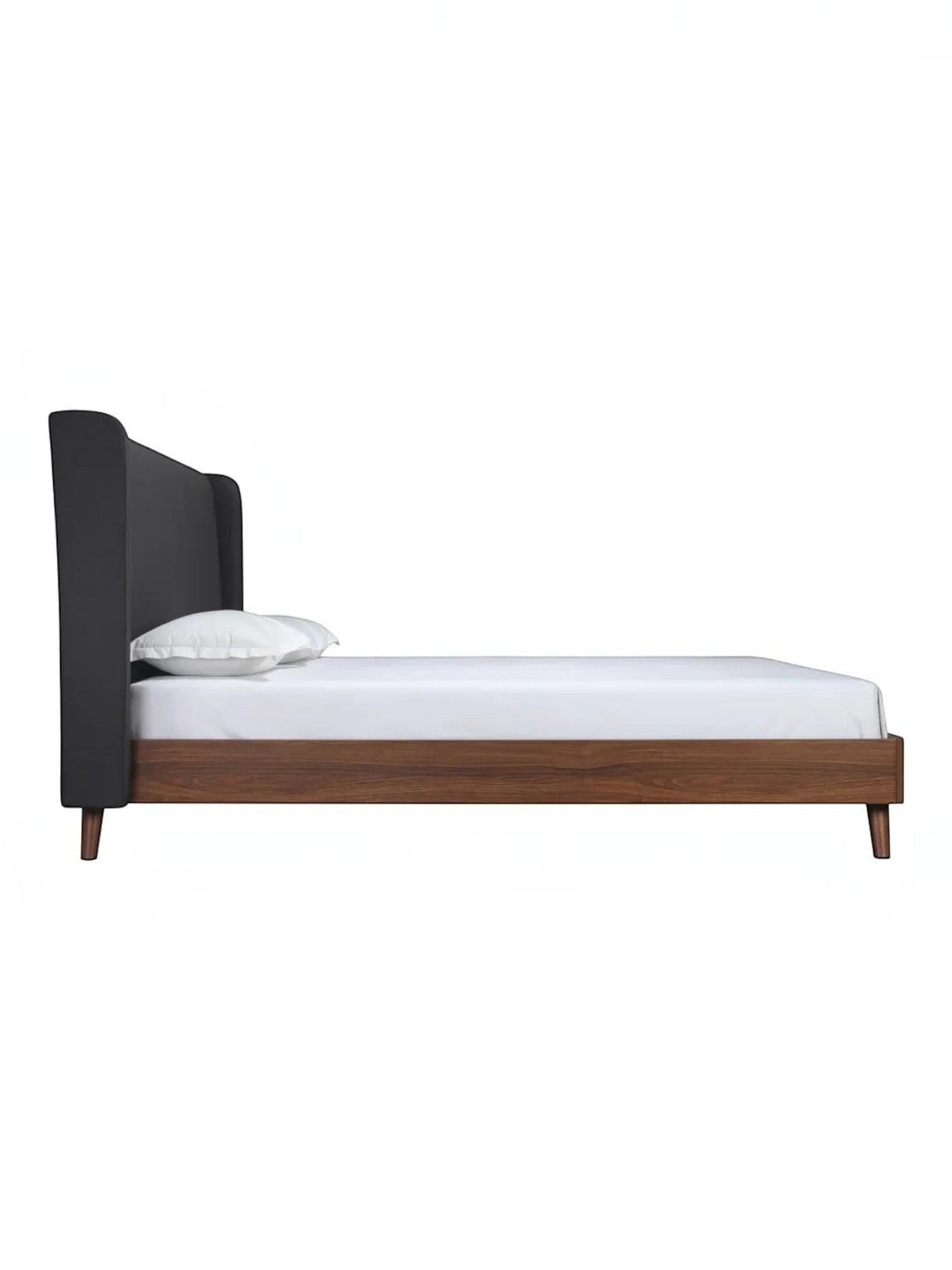 Lit Grand Lit Cesar TOCO Meubles avec tête de lit haute rembourrée en tissu gris foncé et cadre en imitation noyer, pieds métalliques.