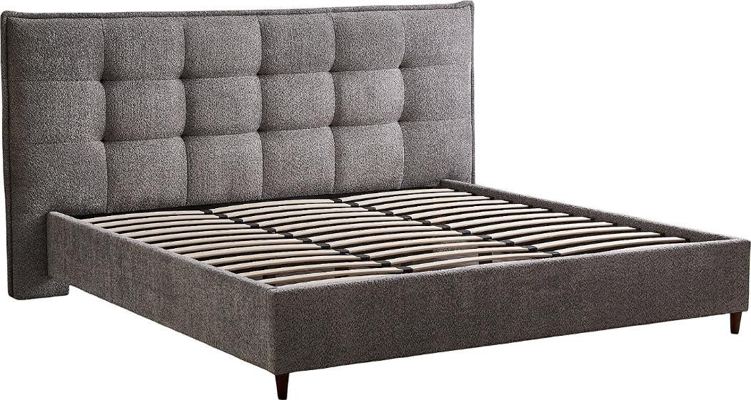 TOCO Meubles Lit plateforme Guilia gris en tissu bouclé capitonné avec lattes en bois et pieds noirs discrets.