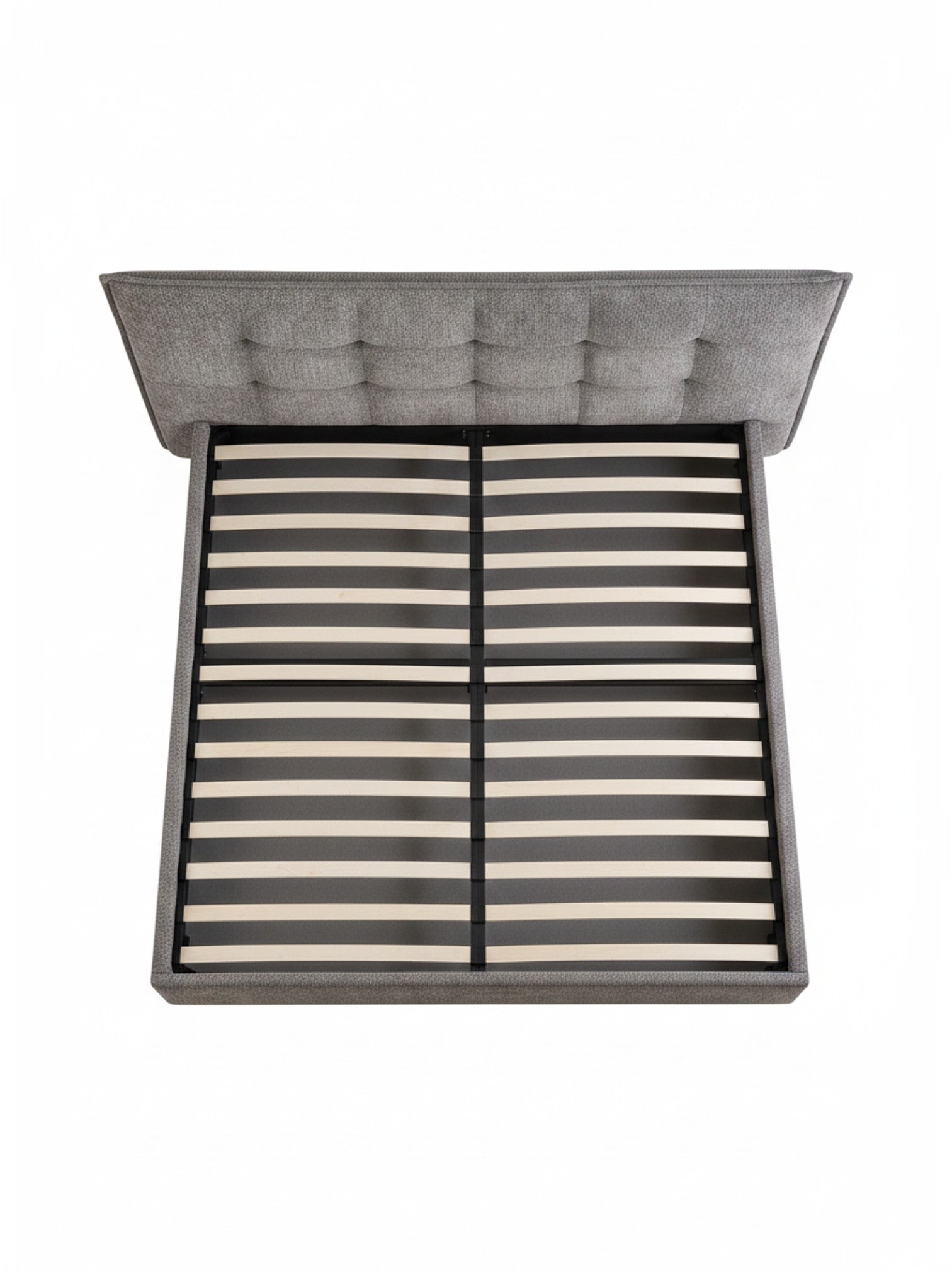 Grand lit TOCO Meubles Guilia en tissu bouclé gris avec tête de lit capitonnée et sommier à lattes intégré