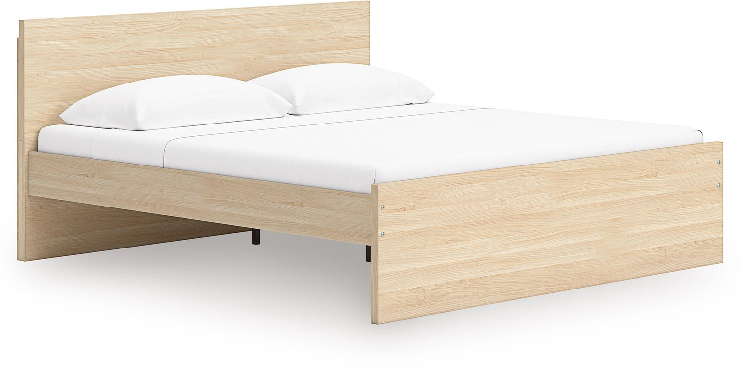 TOCO Meubles Lit plateforme Hazel en bois clair, design minimaliste, 2 oreillers blancs sur le matelas.