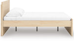 Lit plateforme grand format TOCO Meubles en bois clair avec tête de lit minimaliste et pieds noirs discrets.