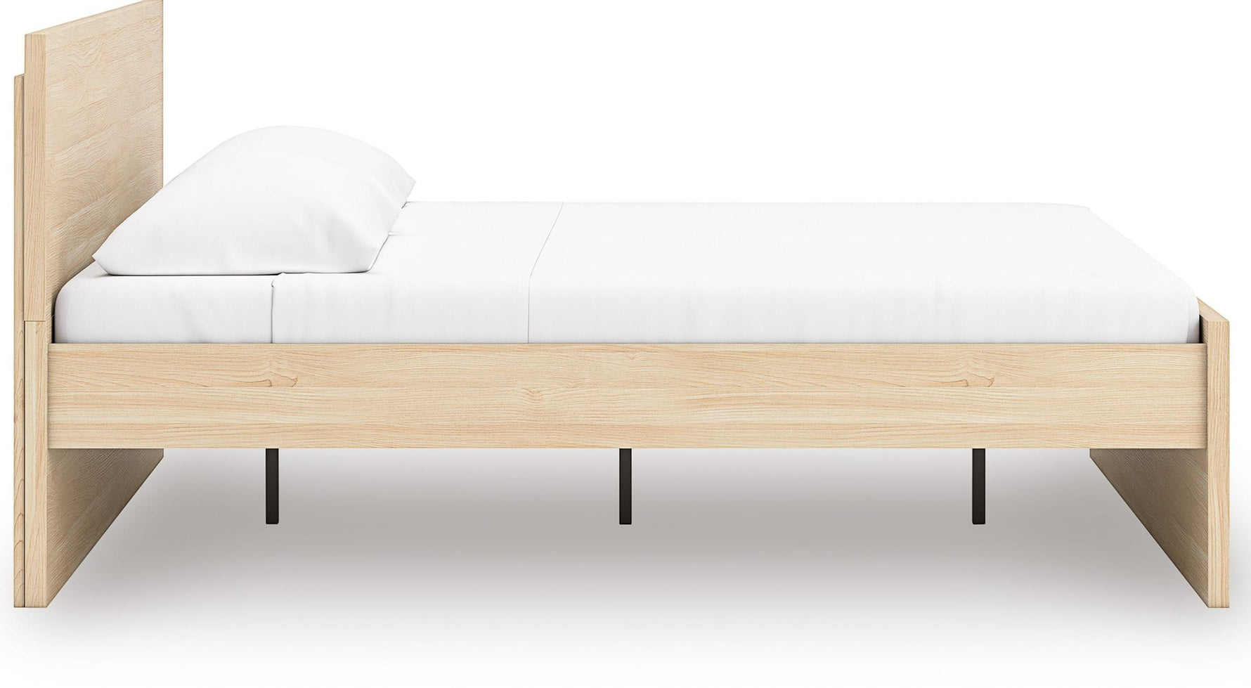 Lit plateforme grand format TOCO Meubles en bois clair avec tête de lit minimaliste et pieds noirs discrets.