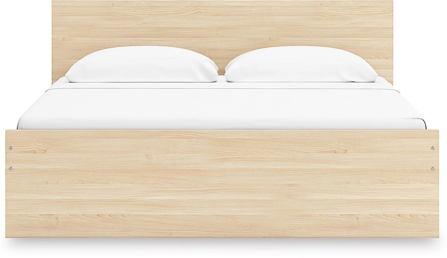 Lit plateforme en bois clair TOCO Meubles Hazel, design minimaliste, 2 oreillers blancs, finition naturelle.