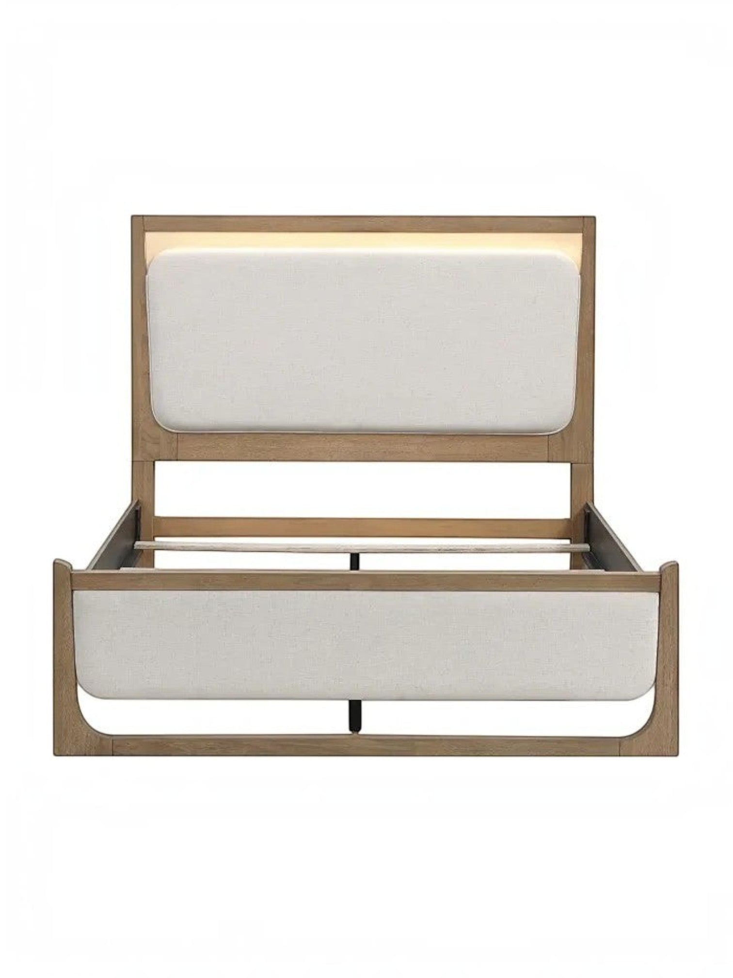 Lit très grand format TOCO Meubles en bois de hickory brun clair avec tête de lit rembourrée et éclairage DEL intégré