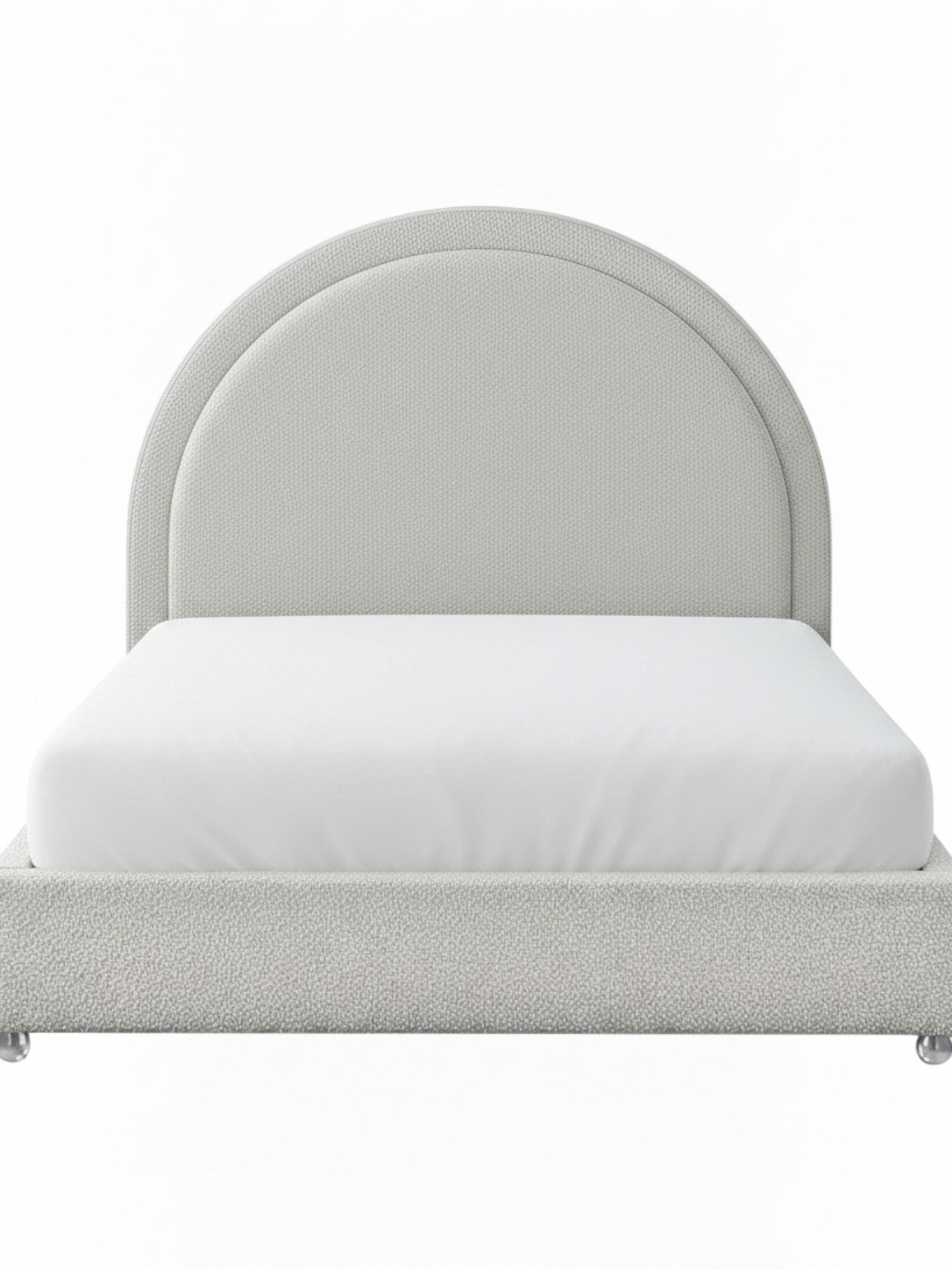Très grand lit Ivy TOCO Meubles avec tête de lit arrondie rembourrée en tissu bouclé crème, style contemporain.
