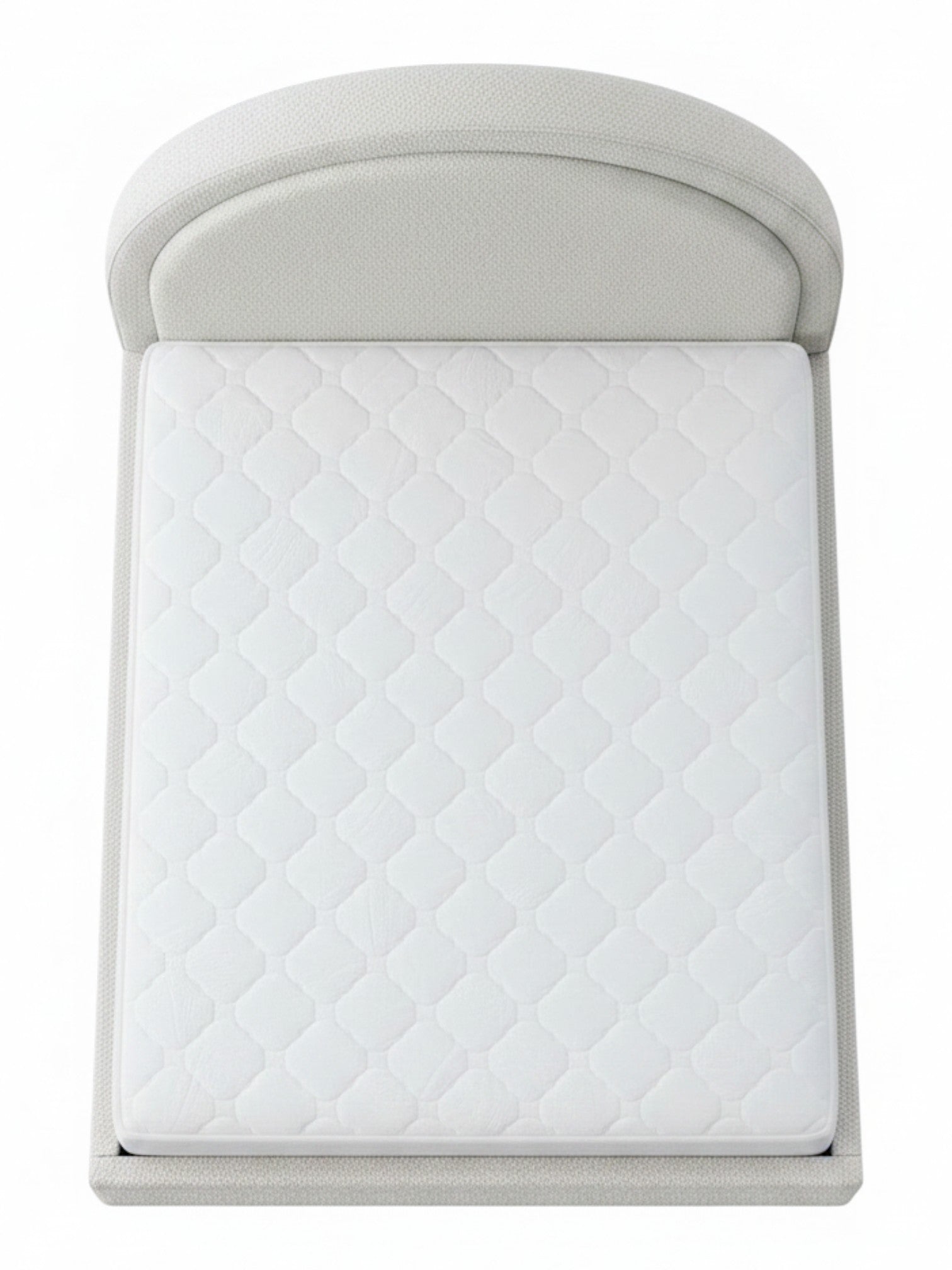 Lit double TOCO Meubles Ivy avec tête de lit arrondie en tissu bouclé crème, vue de dessus sur fond blanc