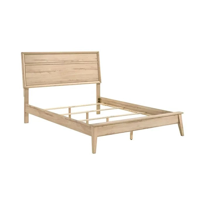 Lit Joaquin TOCO Meubles en bois clair, style Mid-Century Modern, avec tête de lit rectangulaire et pieds fuselés.