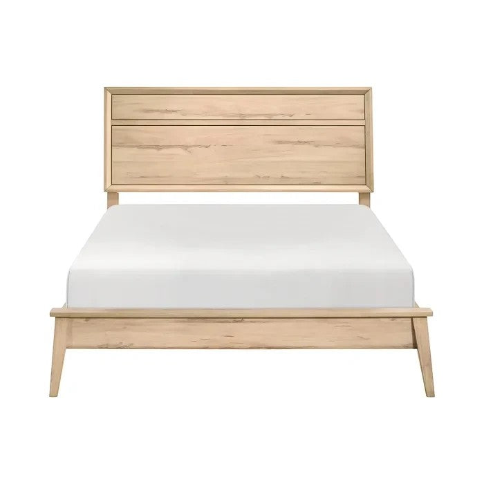 Lit Joaquin TOCO Meubles en bois clair style Mid-Century Modern avec tête de lit rectangulaire et pieds fuselés.