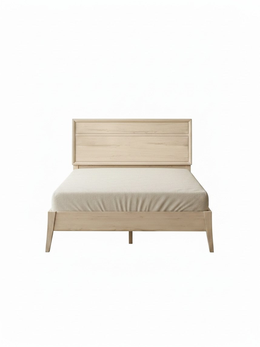 Lit double TOCO Meubles Joaquin au style Mid-Century moderne en mélamine effet bois clair avec tête de lit épurée