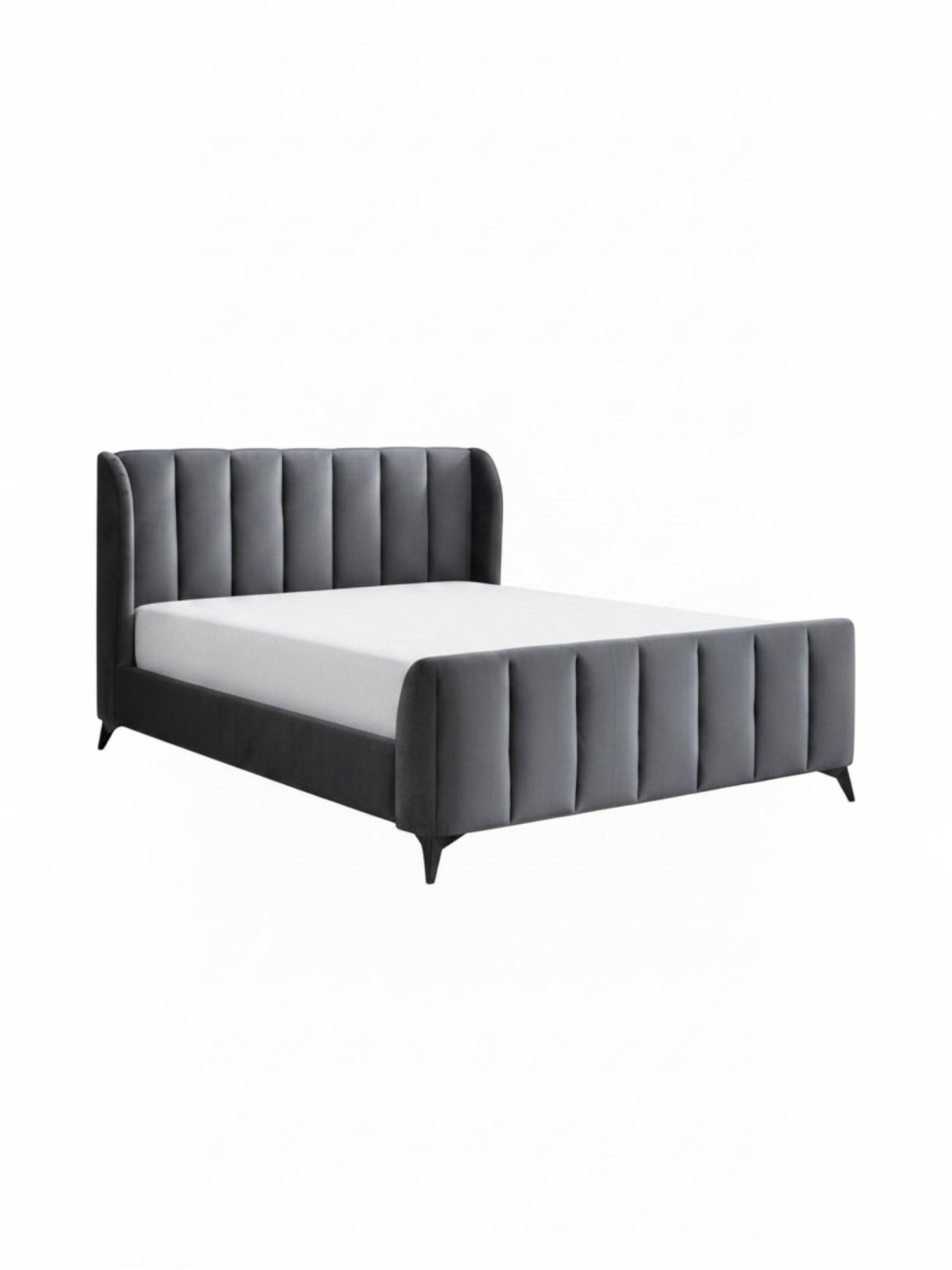 Lit double TOCO Meubles Juliette en velours gris avec tête de lit capitonnée et pieds en métal noir