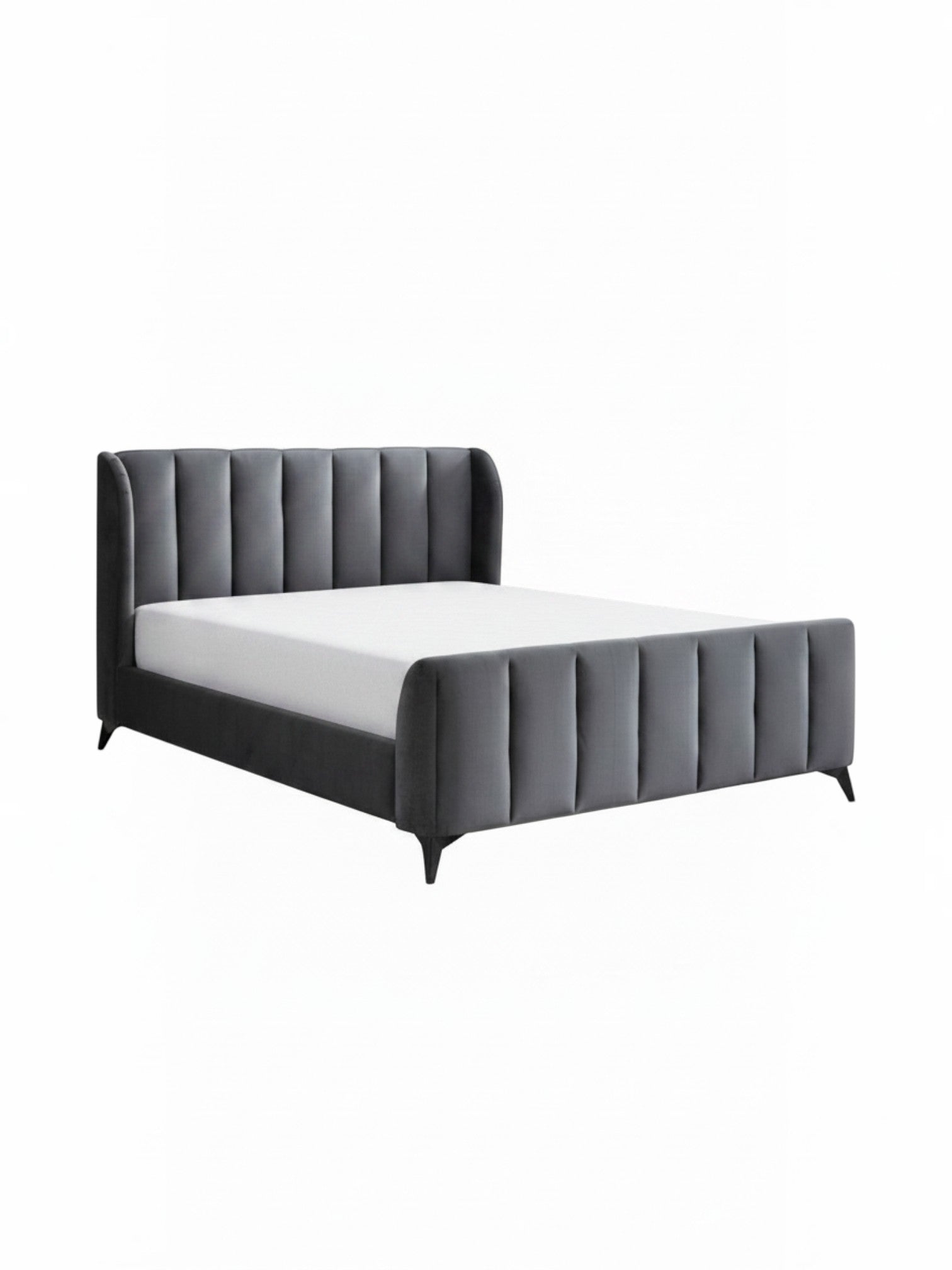 Lit double TOCO Meubles Juliette en velours gris avec tête de lit capitonnée et pieds en métal noir