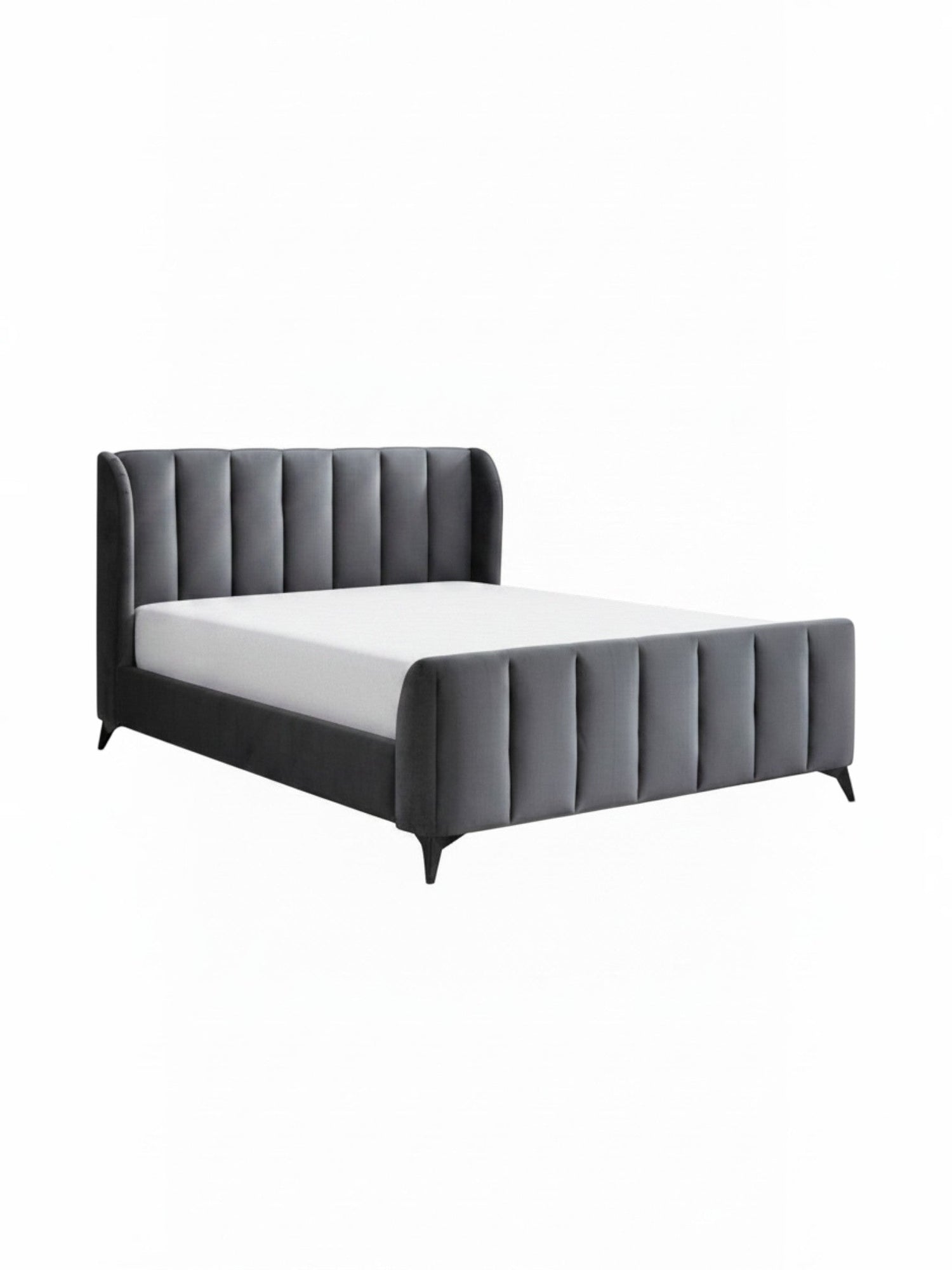 Lit double TOCO Meubles Juliette en velours gris avec tête de lit capitonnée et pieds en métal noir