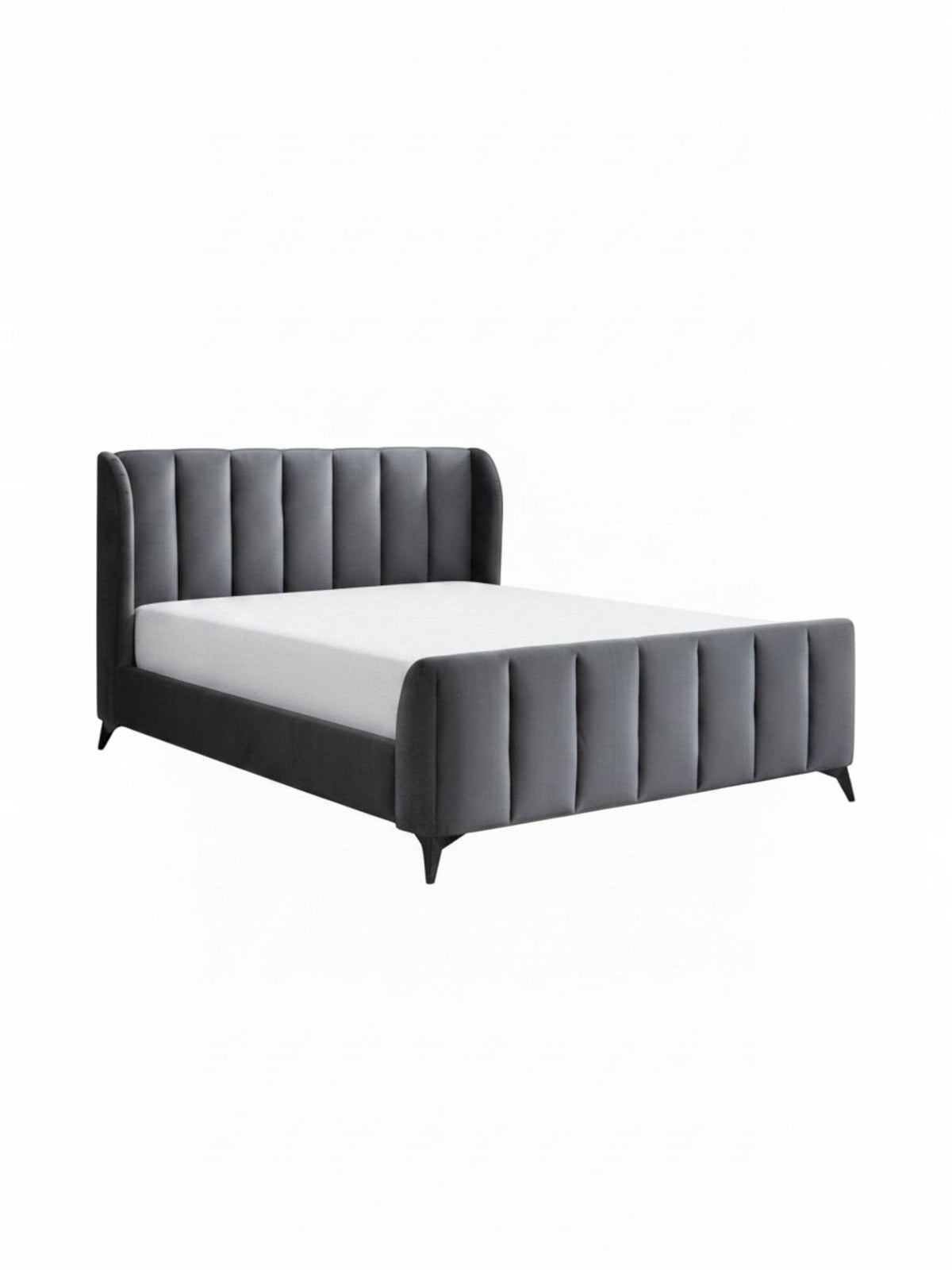 Lit double TOCO Meubles Juliette en velours gris avec tête de lit capitonnée et pieds en métal noir