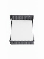 Lit Juliette TOCO Meubles en velours gris avec tête de lit capitonnée et design contemporain vu de dessus