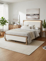 Lit king size TOCO Meubles en bois brun clair avec tête de lit rembourrée et éclairage DEL intégré moderne