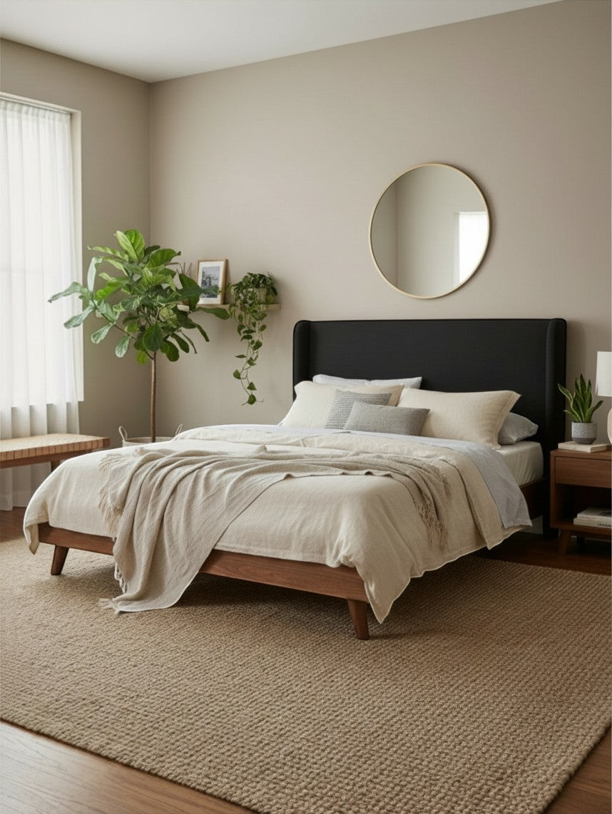 Lit King Cesar TOCO Meubles avec tête de lit rembourrée gris foncé, cadre en bois noyer et pieds inclinés modernes.