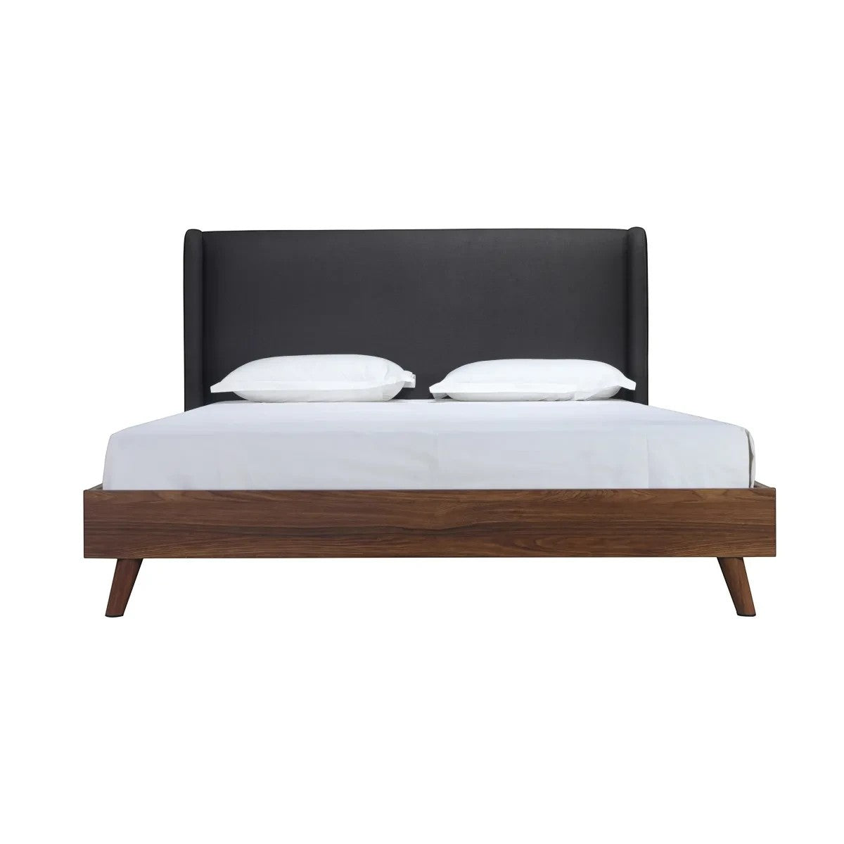 Lit King Cesar TOCO Meubles avec tête de lit rembourrée gris foncé et cadre en bois imitation noyer, pieds métalliques inclinés.