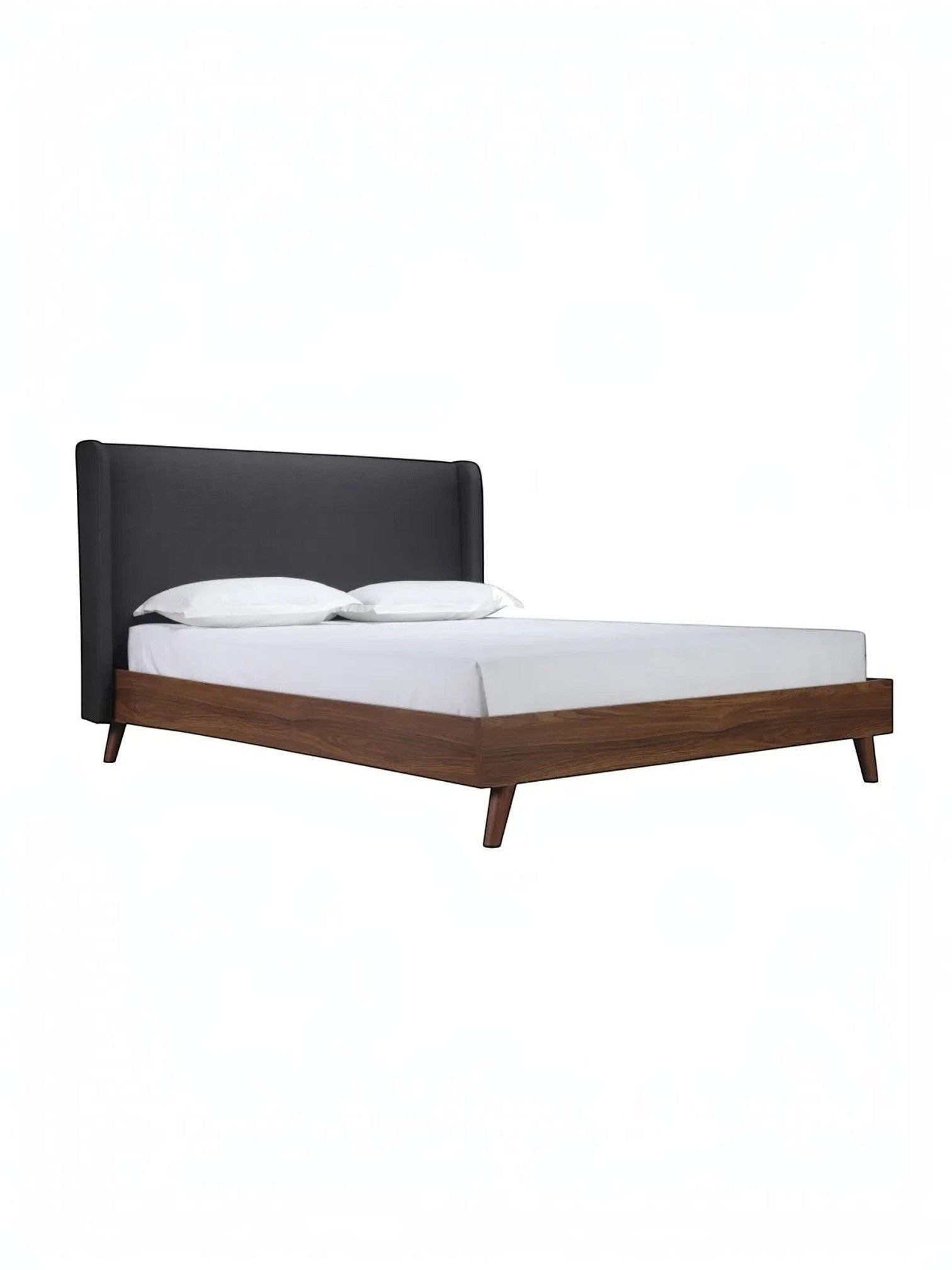 Lit King Cesar TOCO Meubles avec tête de lit haute rembourrée en tissu gris foncé et cadre en bois imitation noyer.