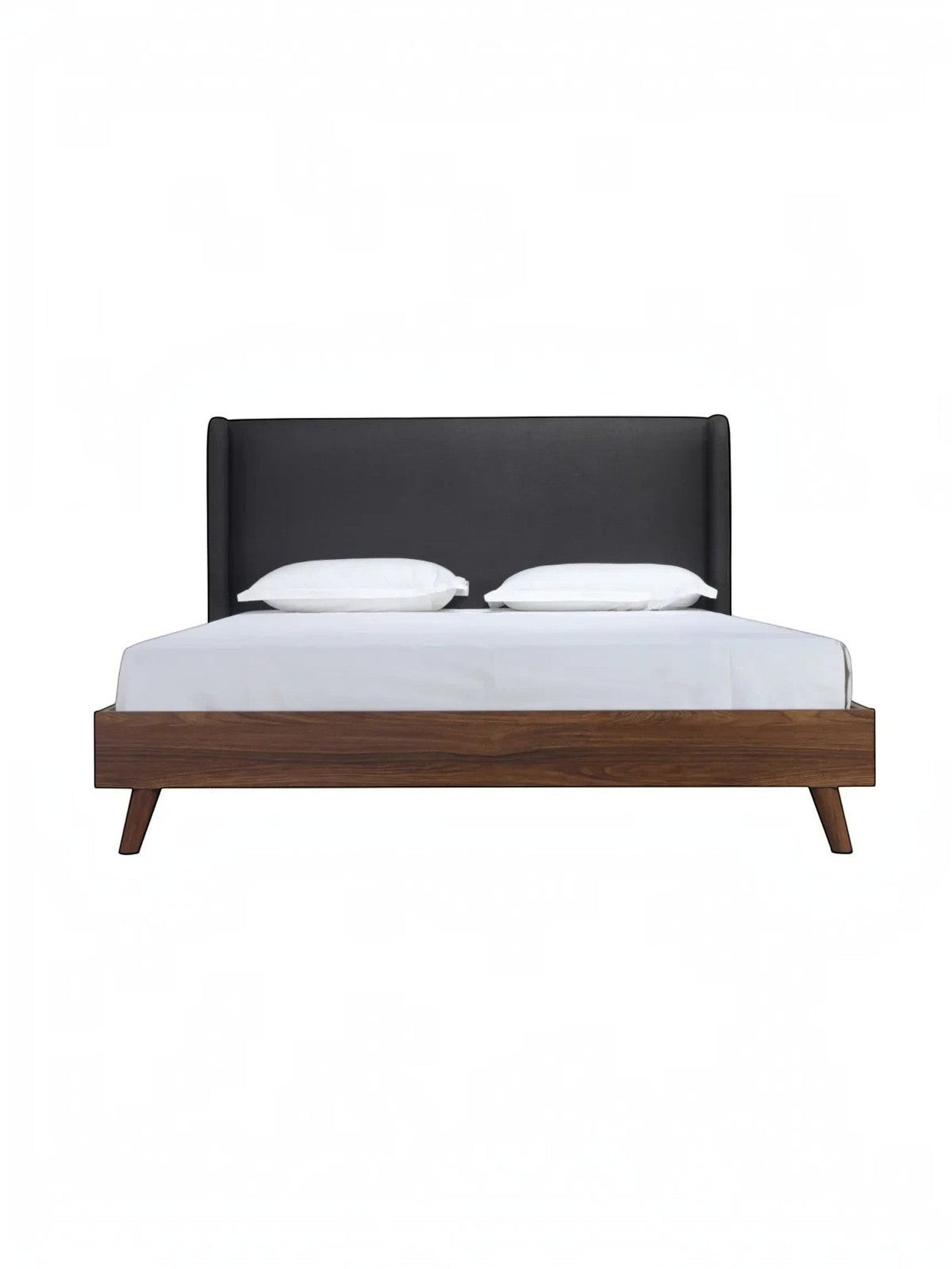 Lit King Cesar TOCO Meubles avec tête de lit haute rembourrée en tissu gris foncé et cadre en bois imitation noyer.