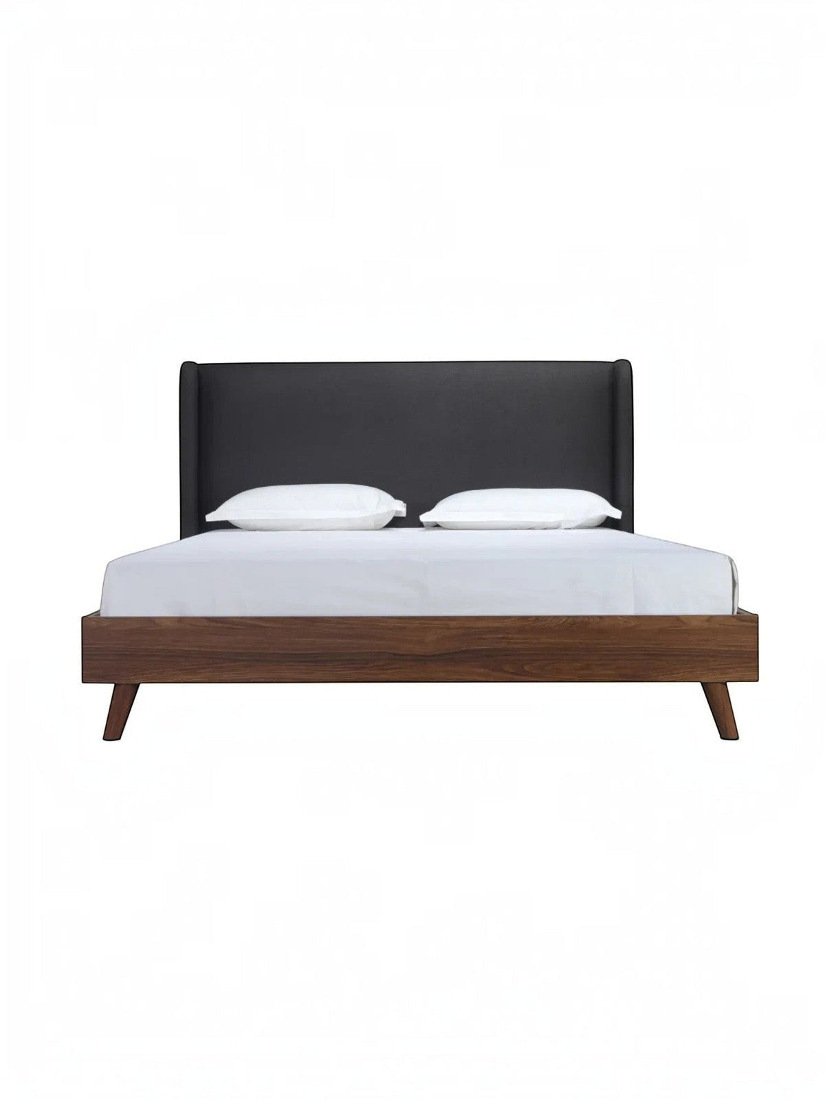 Lit King Cesar TOCO Meubles avec tête de lit haute rembourrée en tissu gris foncé et cadre en bois imitation noyer.