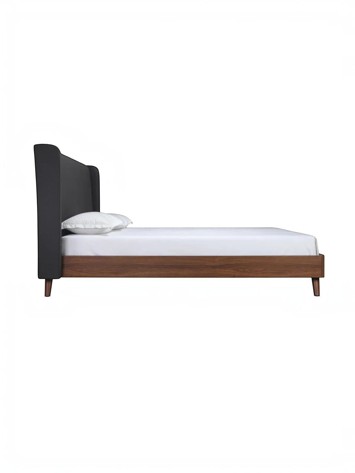 Lit King Cesar TOCO Meubles avec tête de lit haute rembourrée en tissu gris foncé et cadre en imitation noyer, pieds métalliques inclinés. Style Mid-Century.
