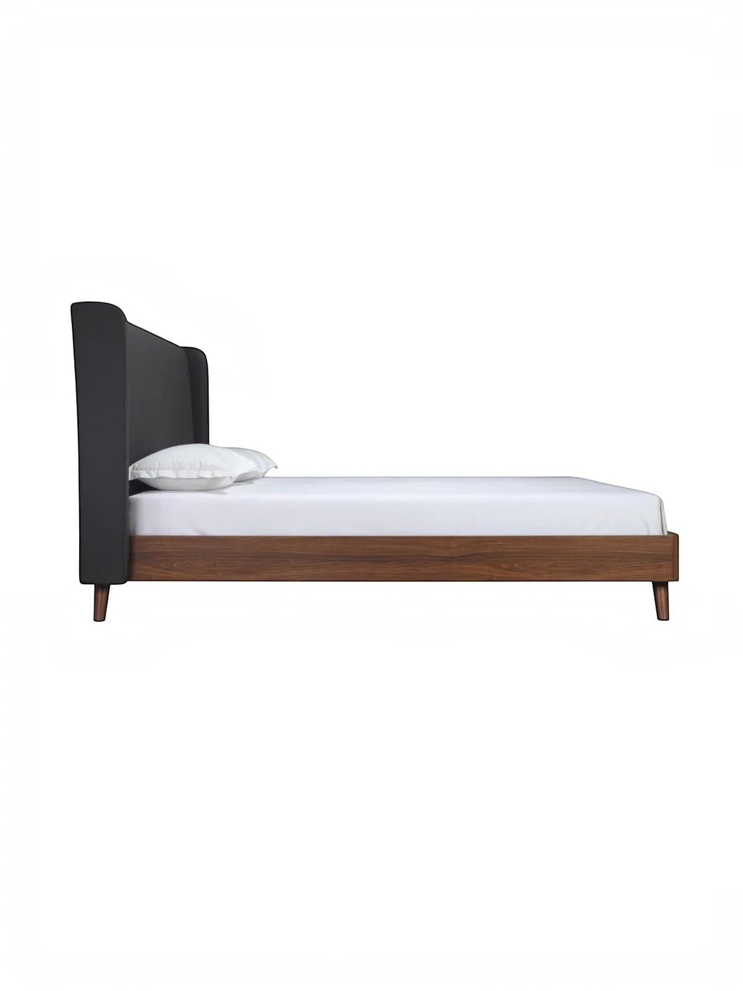Lit King Cesar TOCO Meubles avec tête de lit haute rembourrée en tissu gris foncé et cadre en imitation noyer, pieds métalliques inclinés. Style Mid-Century.