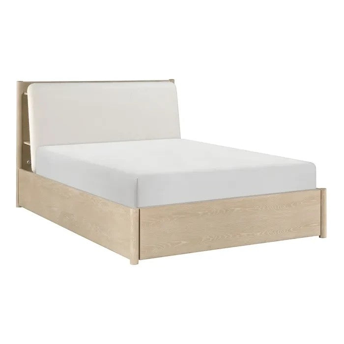 Lit double Laurent TOCO Meubles en bois chêne clair avec tête de lit rembourrée couleur huître et tiroir de rangement intégré.