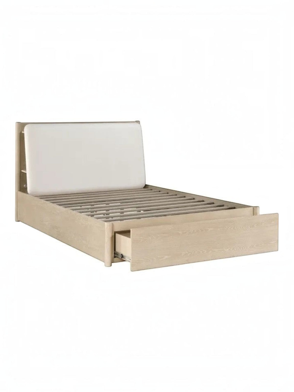 Lit Laurent TOCO Meubles en bois de chêne clair avec tête de lit rembourrée couleur huître et tiroir de rangement intégré.