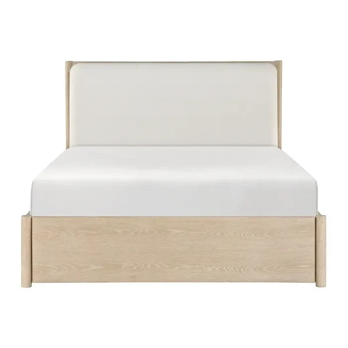 Grand lit Laurent TOCO Meubles avec tête de lit rembourrée couleur huître et base en chêne clair.
